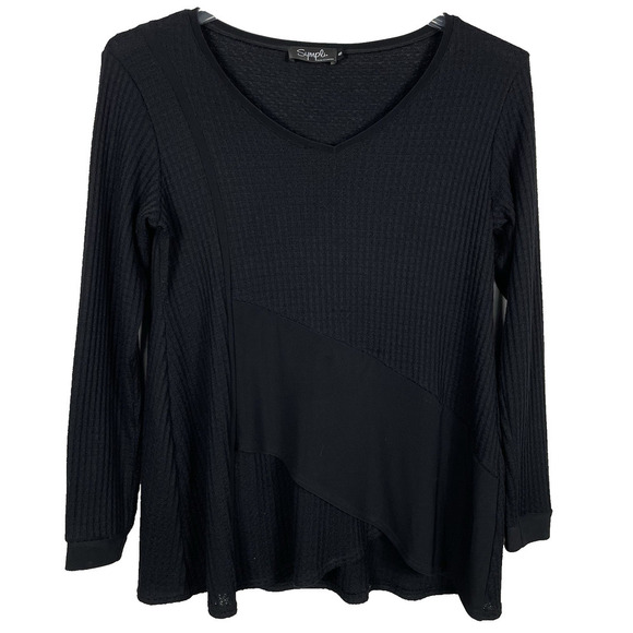 Sympli Tops - Sympli Waffle Knit Tunic Top Size 8 Black Asymmetrical Hem Lagenlook Minimalist